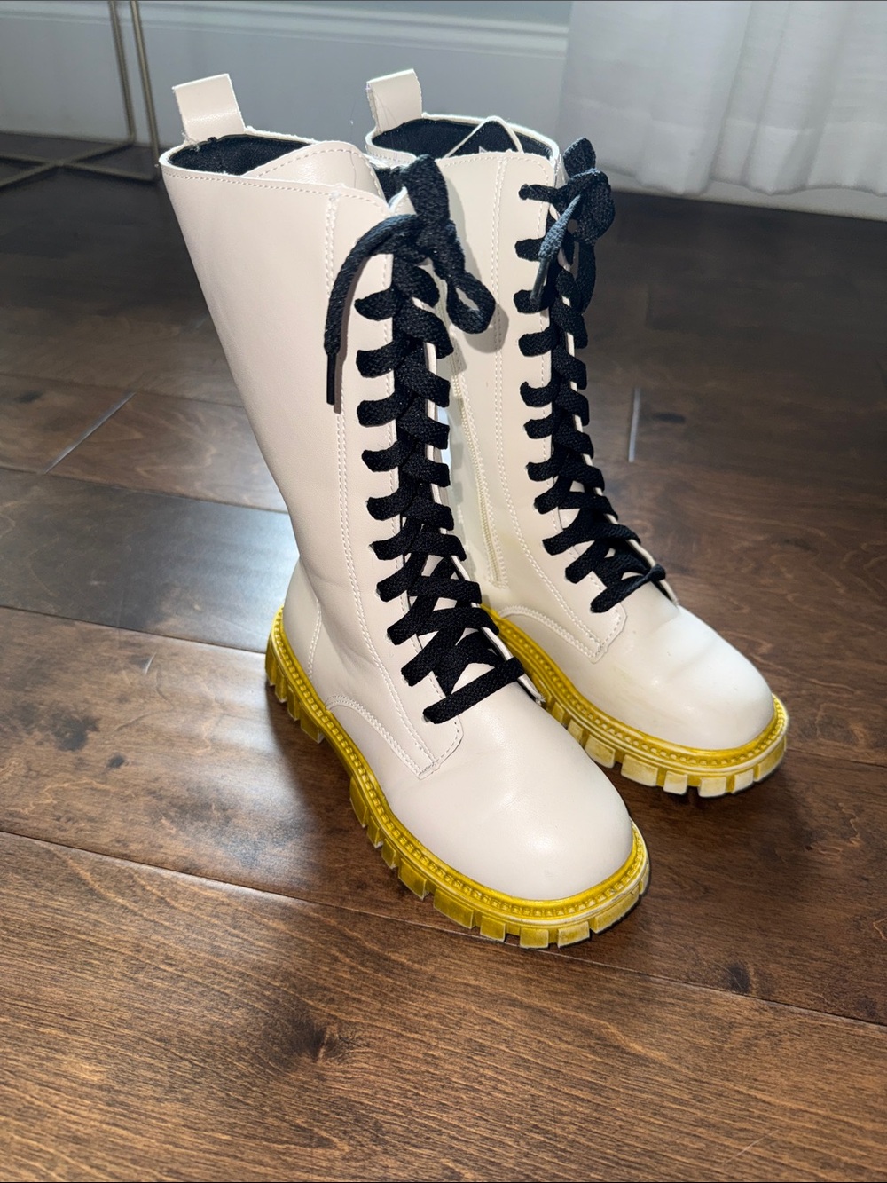KPop Demon Hunters Rumi Style White Lace-Up Tall Combat Boots with Golden Sole